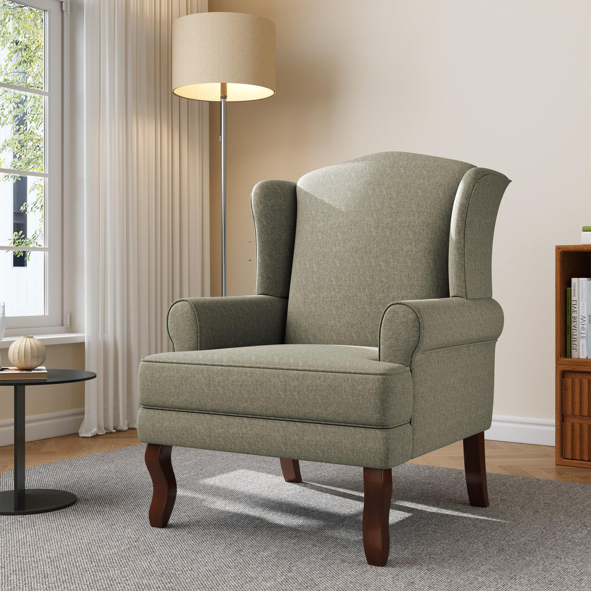 UIXE High Back Accent Chair for Living Room, Comfy Upholstered Arm Chair in Fabric with Retro Solid Wood Legs, Traditional Armchair Single Sofa Reading Seat - Light Camel UIXE