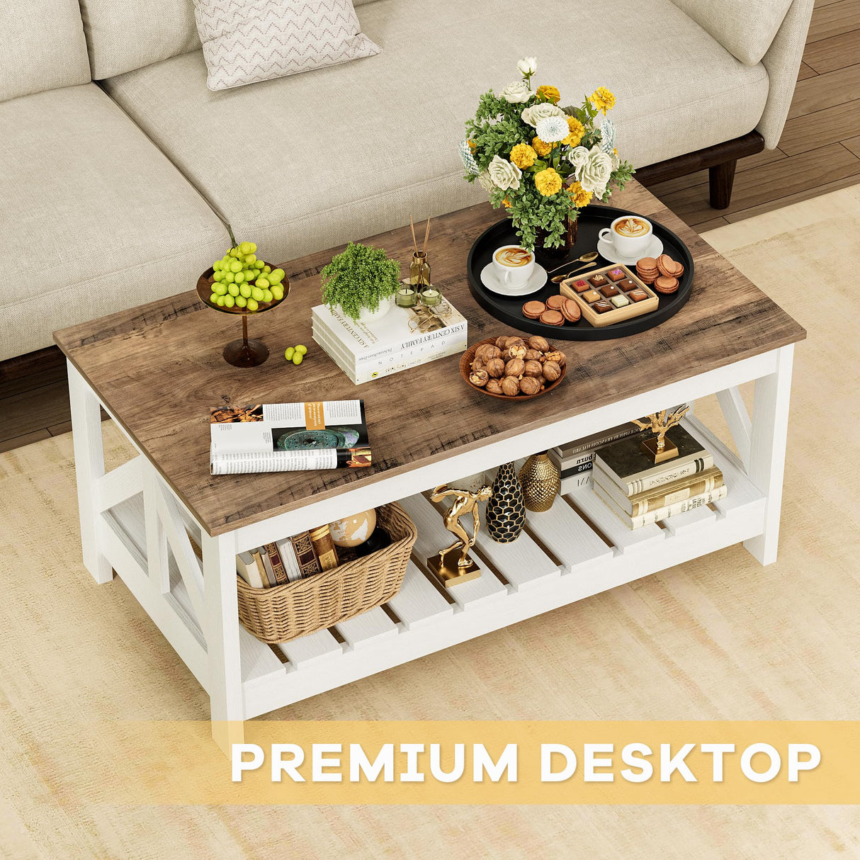 JUMMICO 39” Farmhouse Coffee Table for Living Room, 2-Tier Modern Living Room Table with Storage Shelf, Rustic Rectangular Center Table Space Saving Home Furniture (Rustic Oak & White) JUMMICO