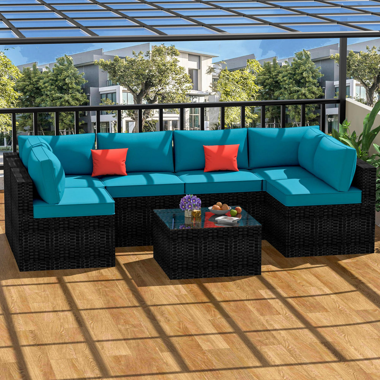 OUGMMGOU 5 Piece Patio Furniture Set, All-Weather PE Rattan Wicker Outdoor Sectional Furniture with Tempered Glass Table, Outdoor Couch Set OUGMMGOU