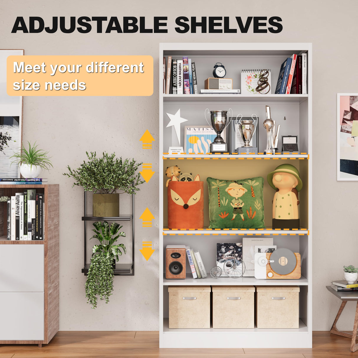 VASAAOSD 66" Tall Metal Bookcase, 5 Shelf White Bookcase with Adjustable Shelves, Large Bookshelves and Bookcases, Modern Book Shelf Storage Organizer for Living Room, Home Office, Library VASAAOSD