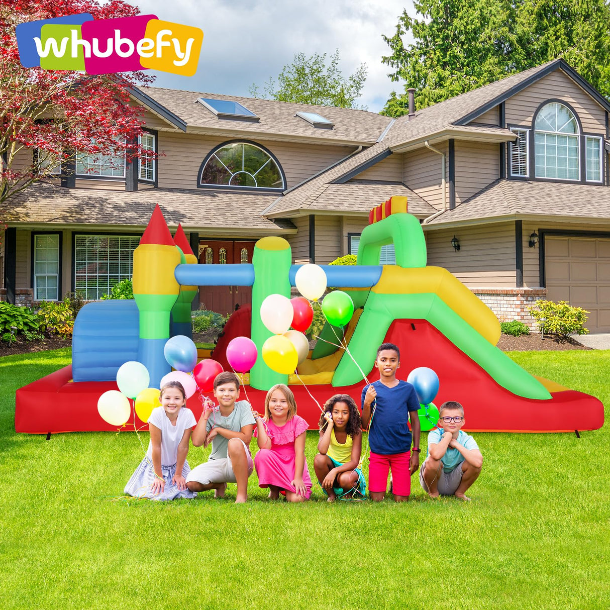 Whubefy Bounce House for Big Kids 8-12, 18 x 8.2FT Kids 3-6 Inflatable Obstacle Course w/Dual Tunnels, Large Slide, Climbing, Obstacles and Bounce Area Castle for Birthday Party, Fun Racing Game Whubefy
