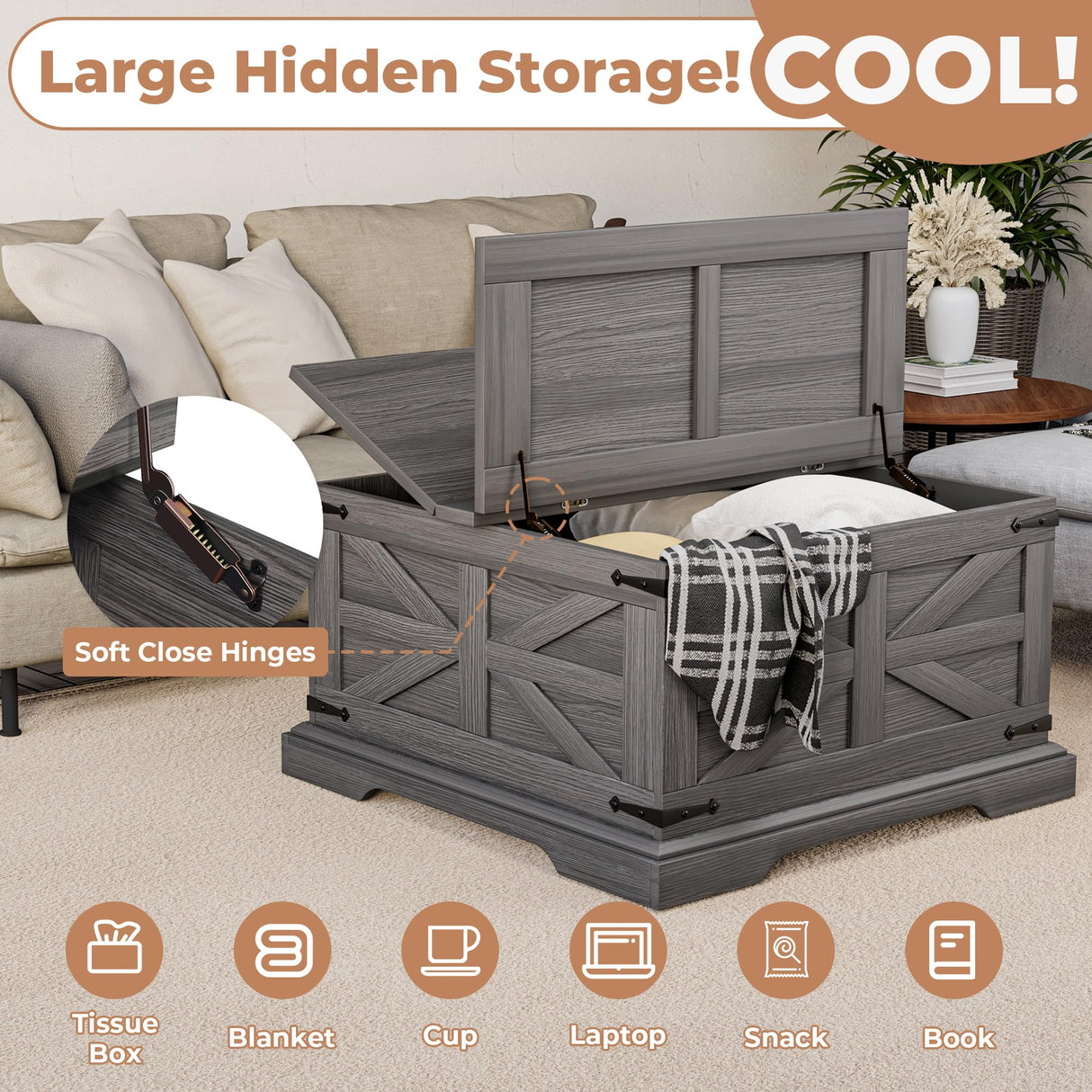 VVFLU Farmhouse Coffee Table with Storage, Square Center Table for Living Room, Rustic, Hinged Lift Top Soft Close, Wood, Large Hidden Storage, Modern, Metal Corner, Grey VVFLU