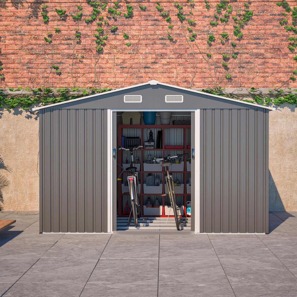 10x8 FT Sheds & Outdoor Storage Garden Metal Shed with Floor Frame Lockable Sliding Door and Air Vents Heavy Duty Shed with Air Vents Waterproof Roof Ideal for Backyard Patio Lawn Dark Gray RocVanc