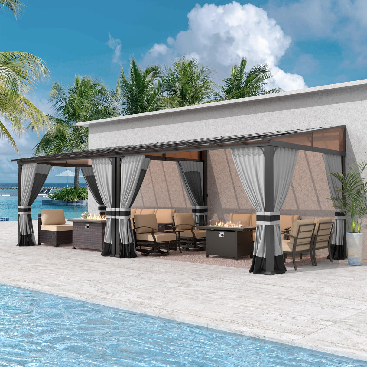 Gotland 10FTx24FT Outdoor Wall-Mounted Hardtop Pergola, Metal Frame Gazebo with Sloping Sun Panel Roof and Double Curtains for Patio, Garden, Lawn, Grey Gotland