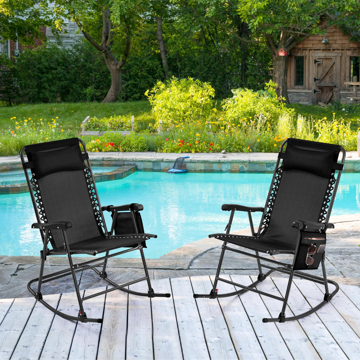 Yaheetech 26in Rocking Chair Outdoor Zero Gravity Folding Chairs Rocking Chairs Foldable Outdoor Reclining Lounge Chair for Outside Lawn with Cupholder/Pillow Ergonomic Design for Rest, Black Yaheetech