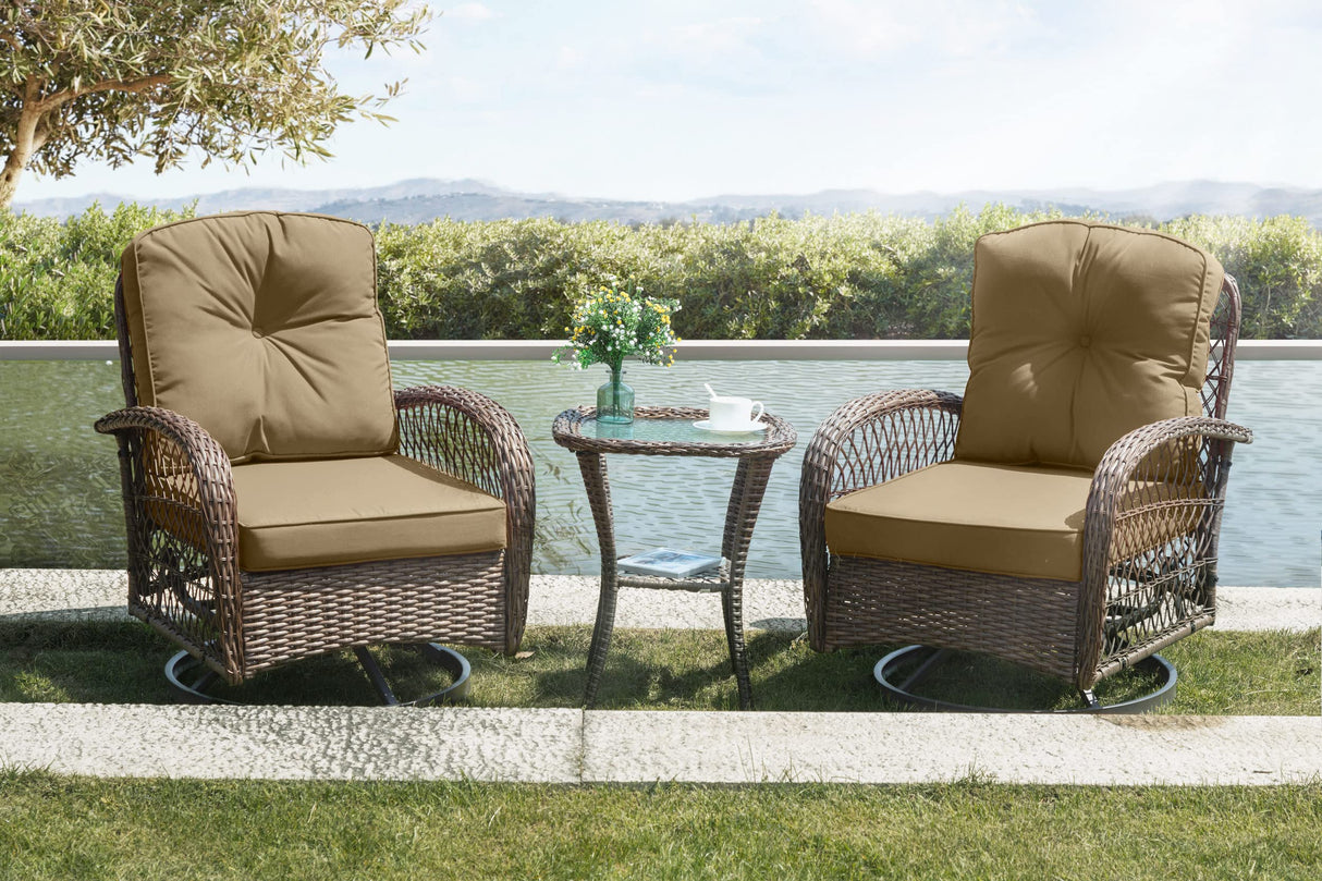 SHA CERLIN 3 Pieces Patio Furniture Set, Outdoor Swivel Glider Rocker, Wicker Patio Bistro Set with Rocking Chair, Cushions and Table (Khaki) SHA CERLIN