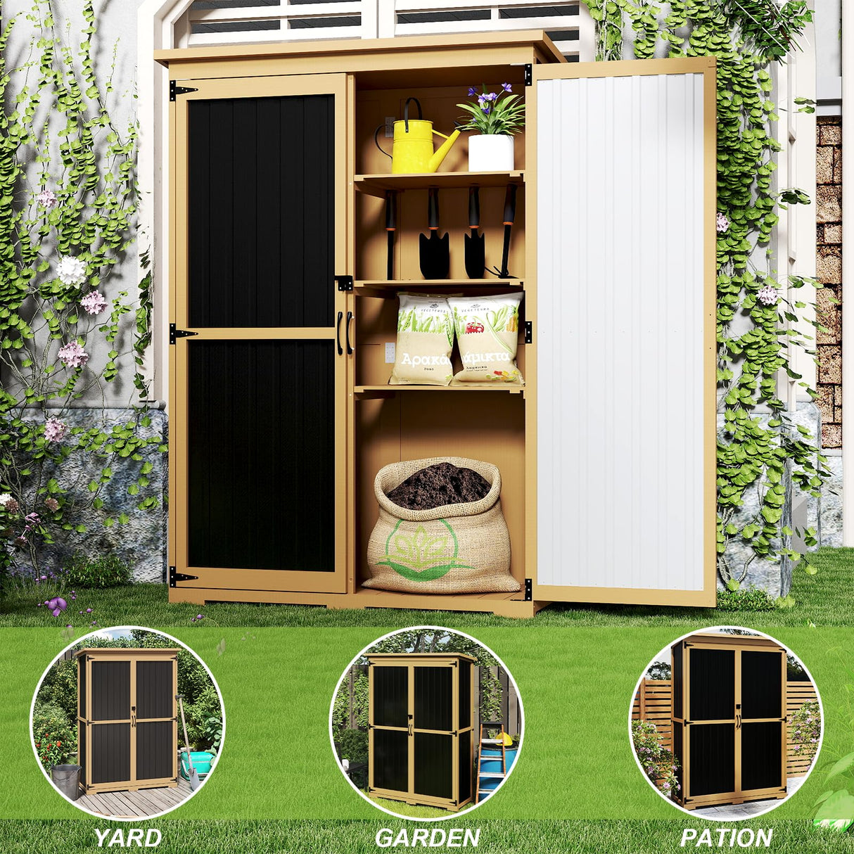 Outdoor Storage Shed with Shelf,Wood & Metal Storage Cabinet with Lockable Doors & Sloping Roof,Vertical Garden Shed for Patio Backyard,Tool Shed and Accessories, Brown Magazoopet