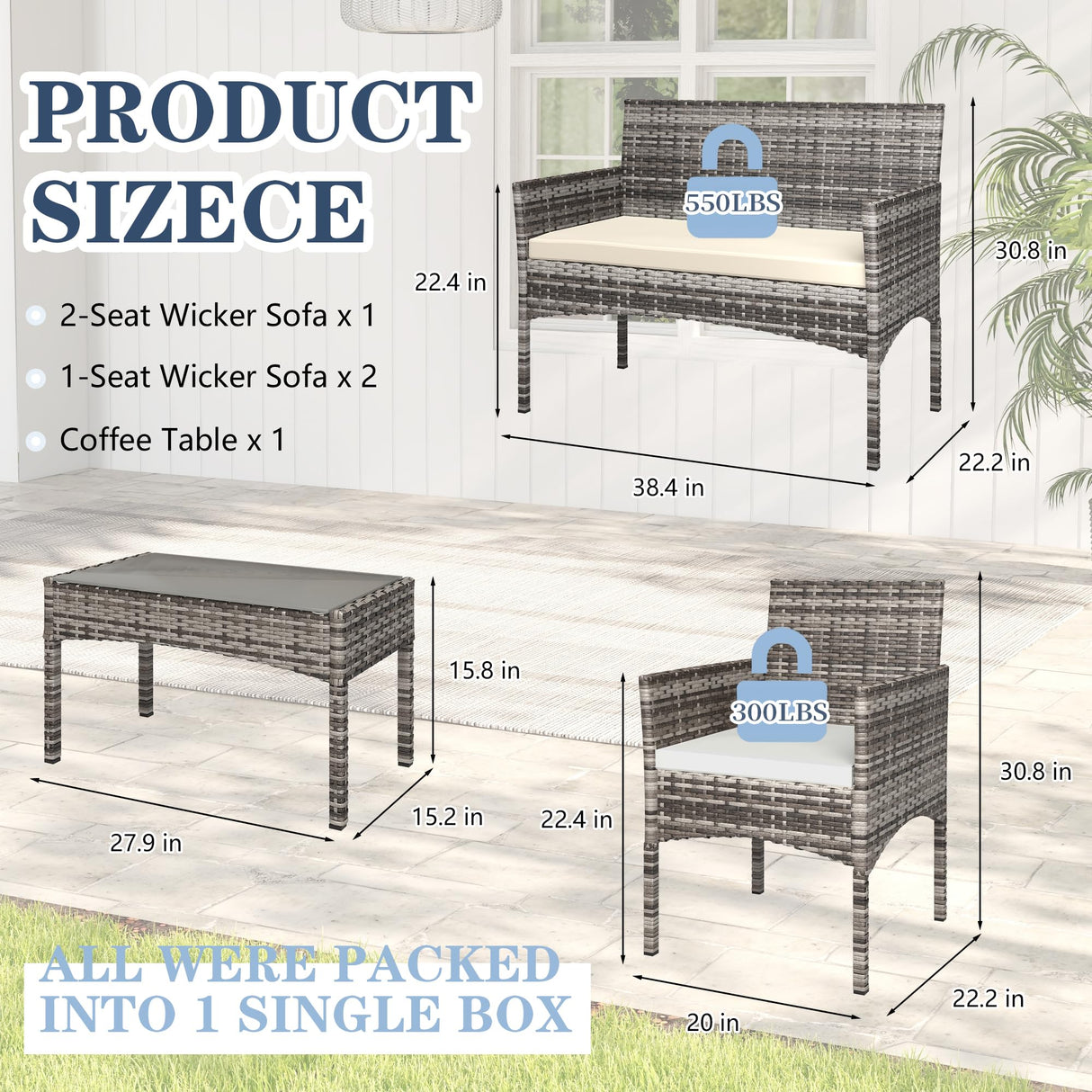 BUPPLEE 4 Pieces Patio Furniture Set, Outdoor Wicker Rattan Patio Conversation Furniture Set with Waterproof Cushion and Table for Lawn Poolside Backyard Garden Balcony Porch BUPPLEE