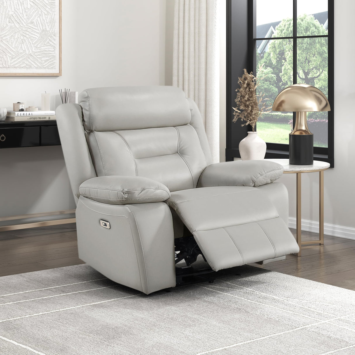 Lexicon Power Recliner Chair for Living Room, Top Grain Leather Match Recliner with Pillow Top Armrests, Home Theater Seating, Wall Hugger Recliners with USB Port, 40" W, Silver Lexicon