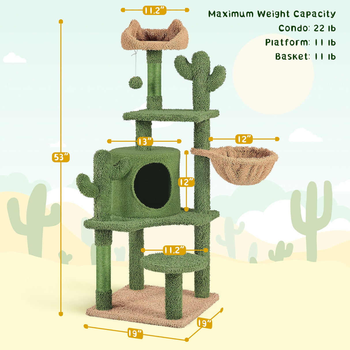 Yaheetech Cactus Cat Tree, 53.5in Cat Tower for Indoor Cats with Sisal Covered Scratching Post, Condo, Plush Perches and Fluffy Balls, Multi-Level Cat Climbing Tree Play House Activity Center, Green Yaheetech