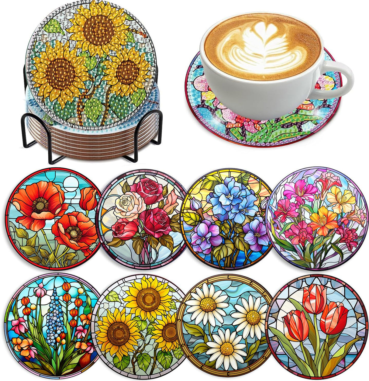 8 PCS Flowers Diamond Art Coasters Kits, Diamond Painting Coasters with Holder Set of 8, DIY Drink Coasters Art Crafts Supplies for Adults Cup Mat for Home Decor House Warming Gifts Non-Slip 3.9inch FOXKISS