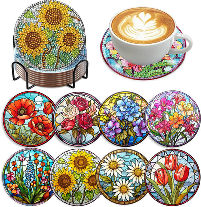 8 PCS Flowers Diamond Art Coasters Kits, Diamond Painting Coasters with Holder Set of 8, DIY Drink Coasters Art Crafts Supplies for Adults Cup Mat for Home Decor House Warming Gifts Non-Slip 3.9inch