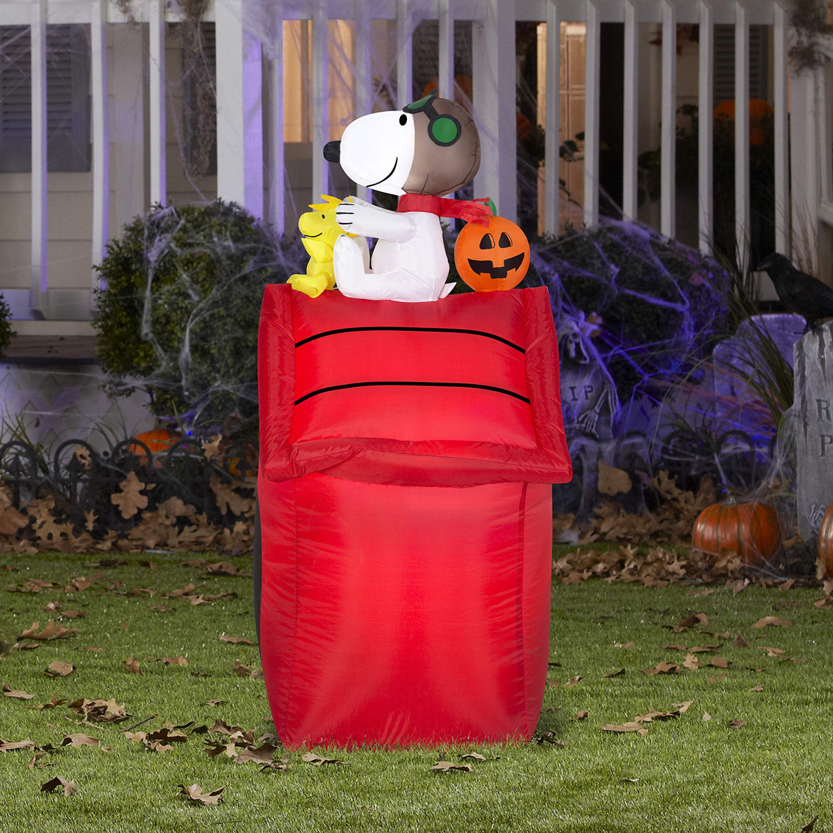 Gemmy Airblown Inflatable Snoopy as Red Barron and Woodstock on Doghouse with Pumpkin - Indoor Outdoor Holiday Yard Decoration, 3.5-Foot Tall Gemmy