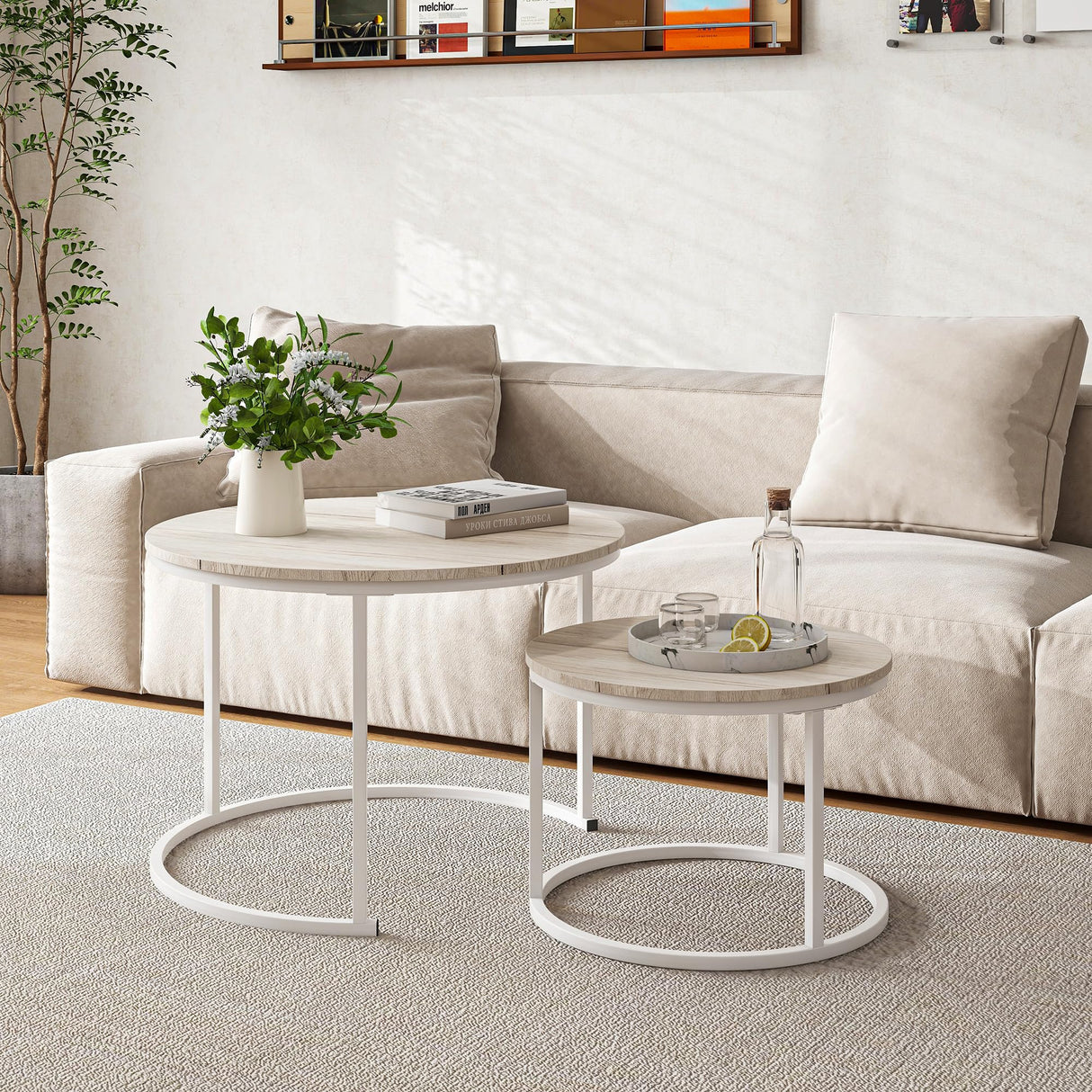 HOJINLINERO Round Coffee Table Set of 2 End Tables for Living Room,Modern White Coffee Table Nesting Tables,Living Room Tables Wood Furniture Metal Frame,Sturdy Stacking Side Tables,Easy Assembly,Oak HOJINLINERO