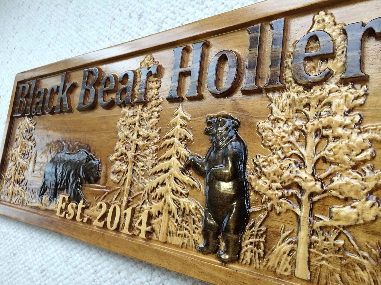 Personalized Wood Sign Custom Carved Cabin Gift Man Cave Wedding Family Last Name Camp Lake House Décor Woods Black Bear Plaque Last Name Established Sign Custom Wood Sign 3D Camper Sign 3D Woodworker