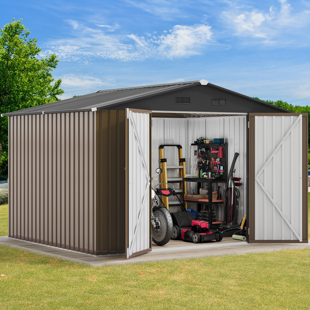 DWVO 10x8FT Outdoor Storage Shed, Spacious Metal Tool Shed with Lockable Doors & Ventilation for Patio, Lawn, and Backyard, Ideal for Storing Garden Equipment, Lawnmowers, and Bicycles, Brown DWVO