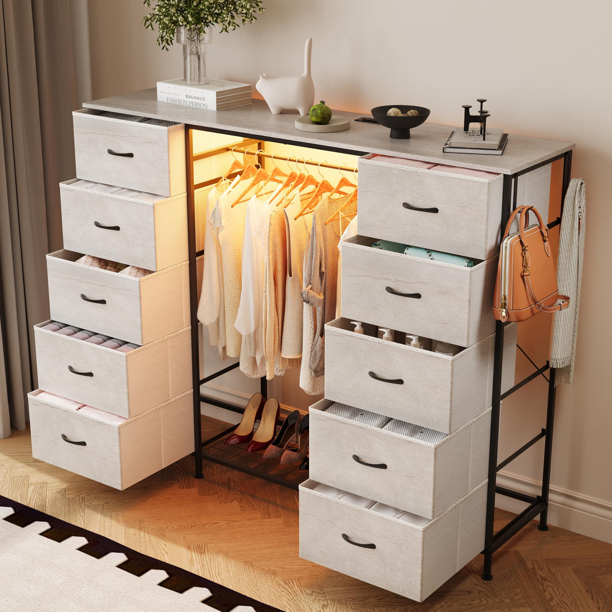 LUMTOK 55W 2-in-1 Dresser with Hanging Rack, 10 Drawers Dresser for Bedroom,Dressers with Fabric Drawers,LED Lights, Charging Station and Hanging Racks for Bedroom (Greige) LUMTOK
