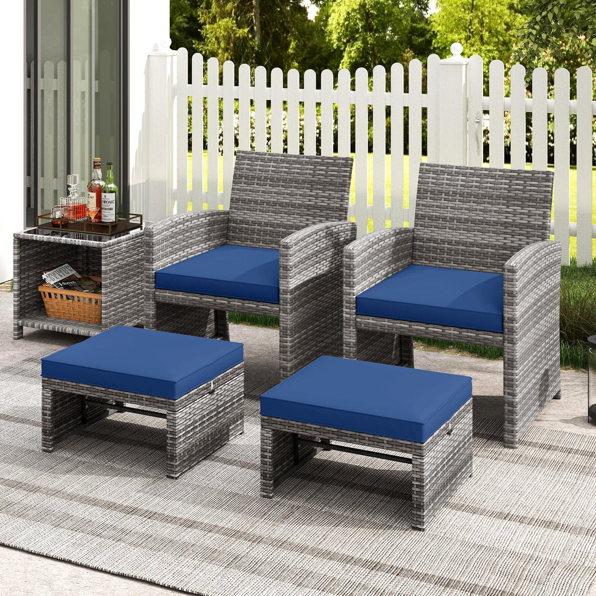 Tangkula 2 Pieces Patio PE Rattan Ottomans, Multipurpose Outdoor Footstool Footrest Additional Seating Side Table with Soft Zippered Cushions for Deck, Garden, and Yard (Navy Blue) Tangkula