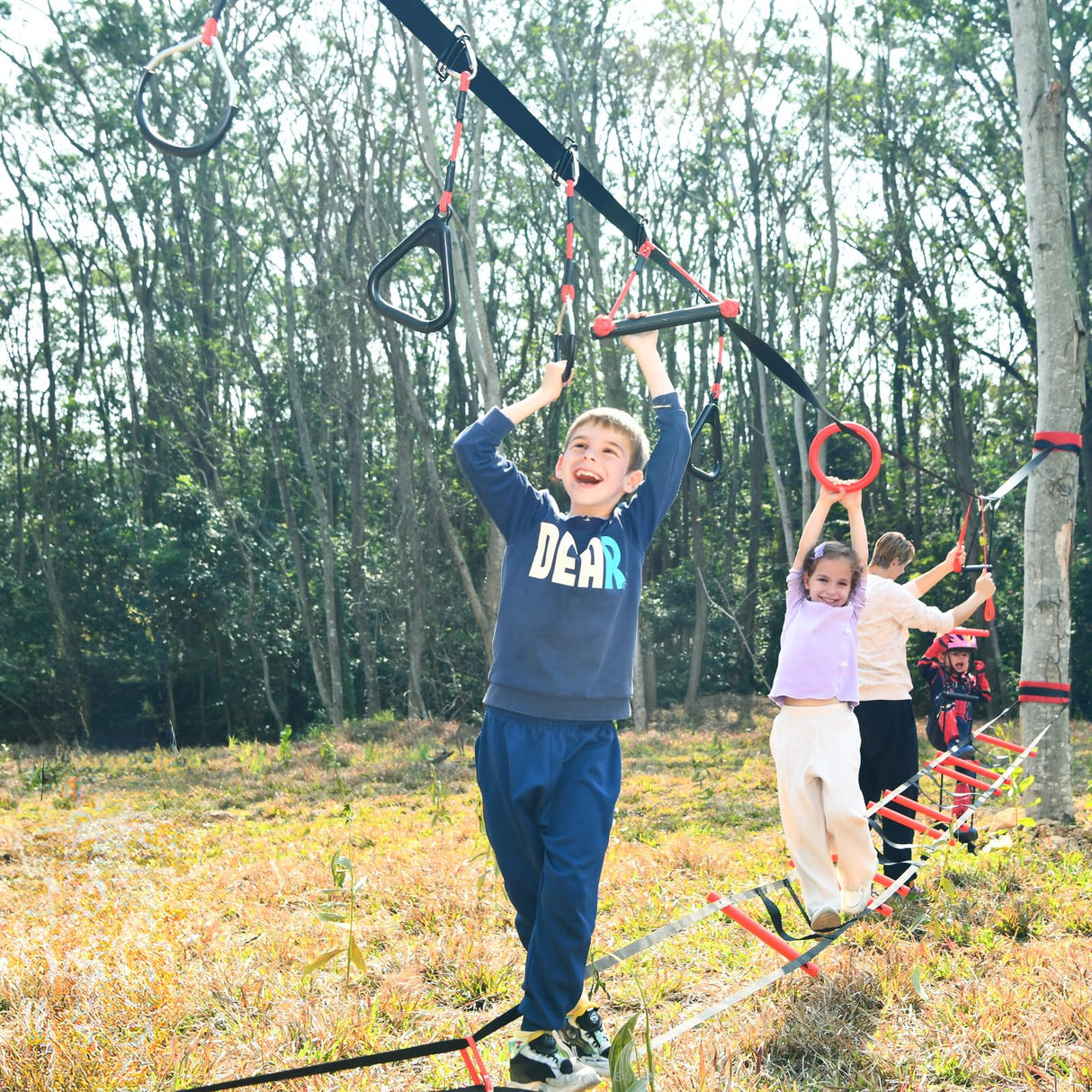 Hapfan Ninja Warrior Obstacle Course for Kids with Rickety Bridge, 50 FT Slackline Kit with Weather-Proof Obstacles, Outdoor Jungle Gym Climbing Toys for Backyard Hapfan