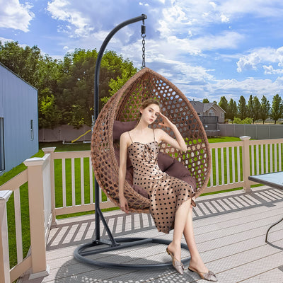 Hanging Egg Chair with Stand & Cushions, Outdoor and Indoor Hammock Rattan Swing Chair 350 lbs Capacity with Aluminum Steel Frame for Patio, Balcony, Backyard and Living Spaces (Dark Brown)
