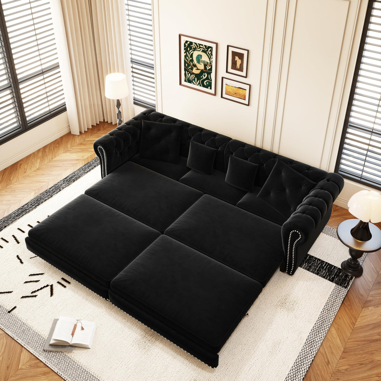89" Velvet Convertible Sofa Bed Couch - Queen Sleeper Sofa with Ottoman, Button Tufted Chesterfield Sofa, King Size Pull Out Sleeper Couch Bed for Small Spaces Apartments, Living Room, Black Justdwells