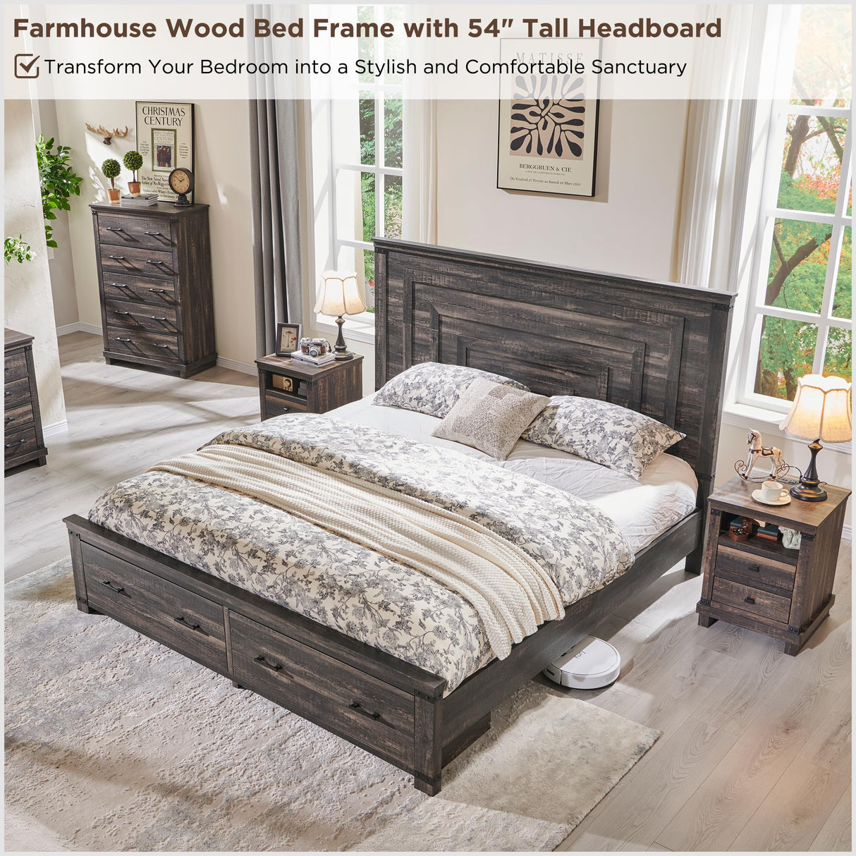 RedLemon Farmhouse Queen Size Wood Bed Frame with 54" Tall Geometric Headboard, 2 Large Storage Drawers, Solid Wood Slats Support, Noise Free, No Box Spring Needed, Dark Rustic Oak RedLemon