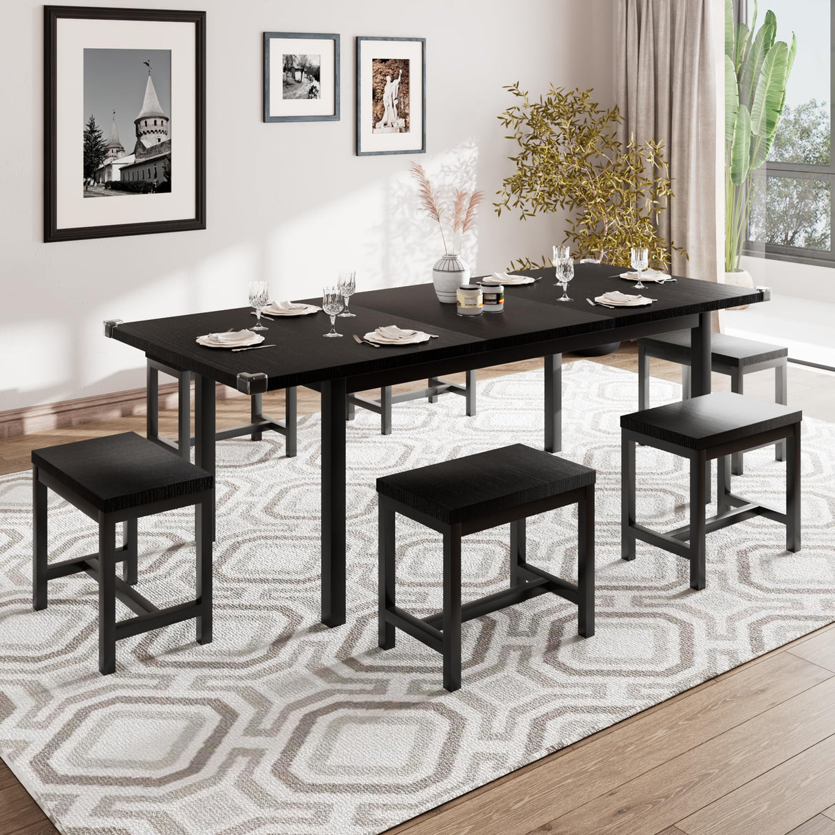 iPormis 7-Piece Dining Table Set with 6 Stools, 63" Extendable Kitchen Table Set for 4-8, Modern Dining Room Table with Sturdy Metal Frame, Space-Saving Dinette, Black iPormis