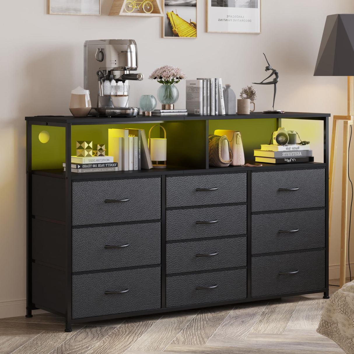 Unionly 55W 10-Drawers Dresser with 2 Open Storage Shelves, TV Stand Dresser for 55,65 inch TV,with Power Outlets and LED Lights, Fabric Dressers Drawers for Bedroom, Living Room (Black) Unionly