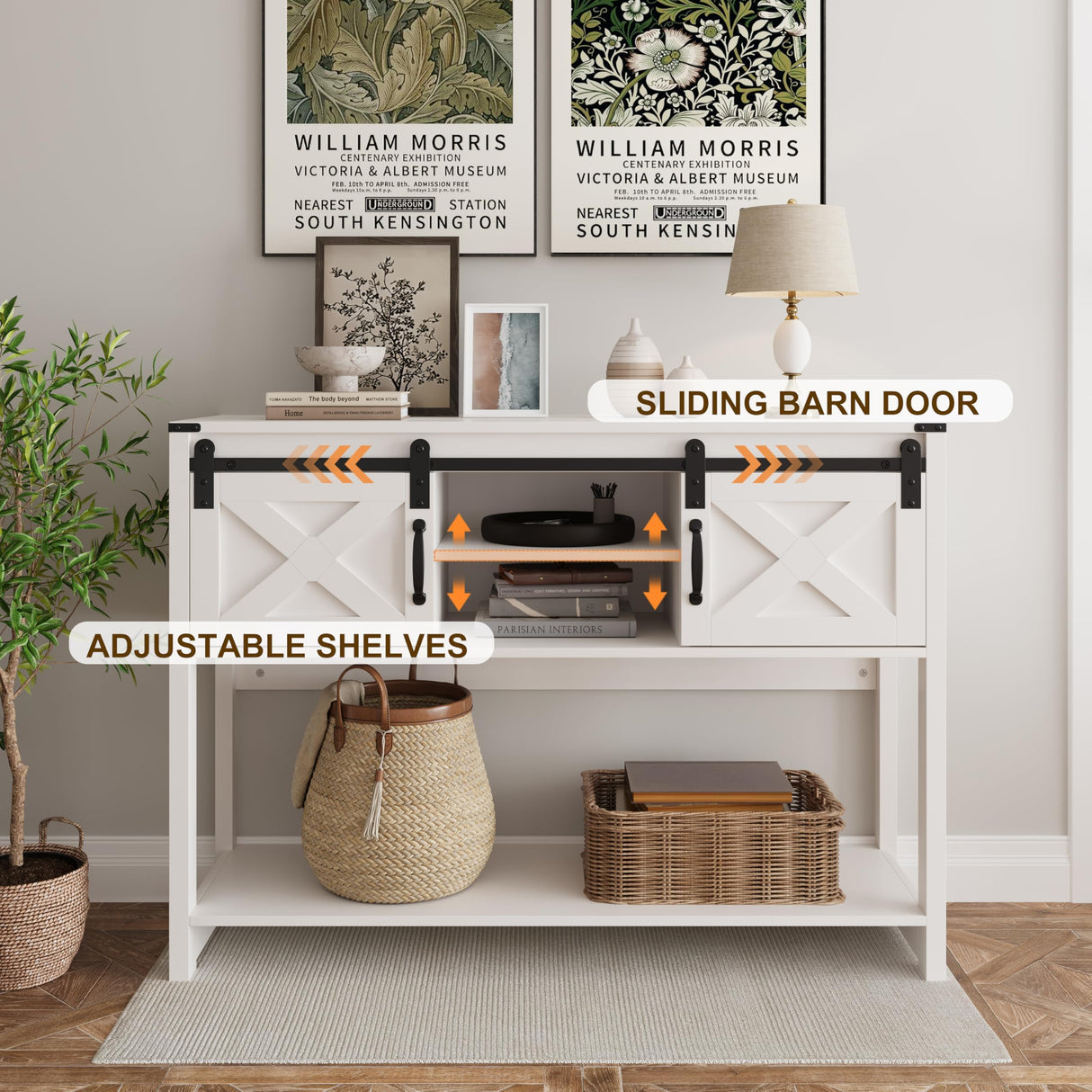 FansaFurn Console Table with Storage Shelf & Sliding Barn Door, Farmhouse Entryway Table with Storage, 46" Narrow Long Sofa, Behind Couch, Console Tables for Living Room (White) FansaFurn