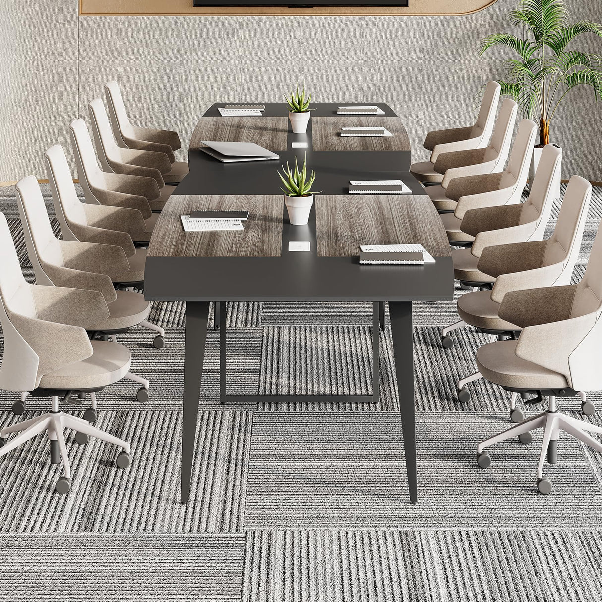 LITTLE TREE 8FT Conference Room Table, 94.48L x 47.21W x 29.52H Boat Shaped Meeting Table, Grey&Black LITTLE TREE