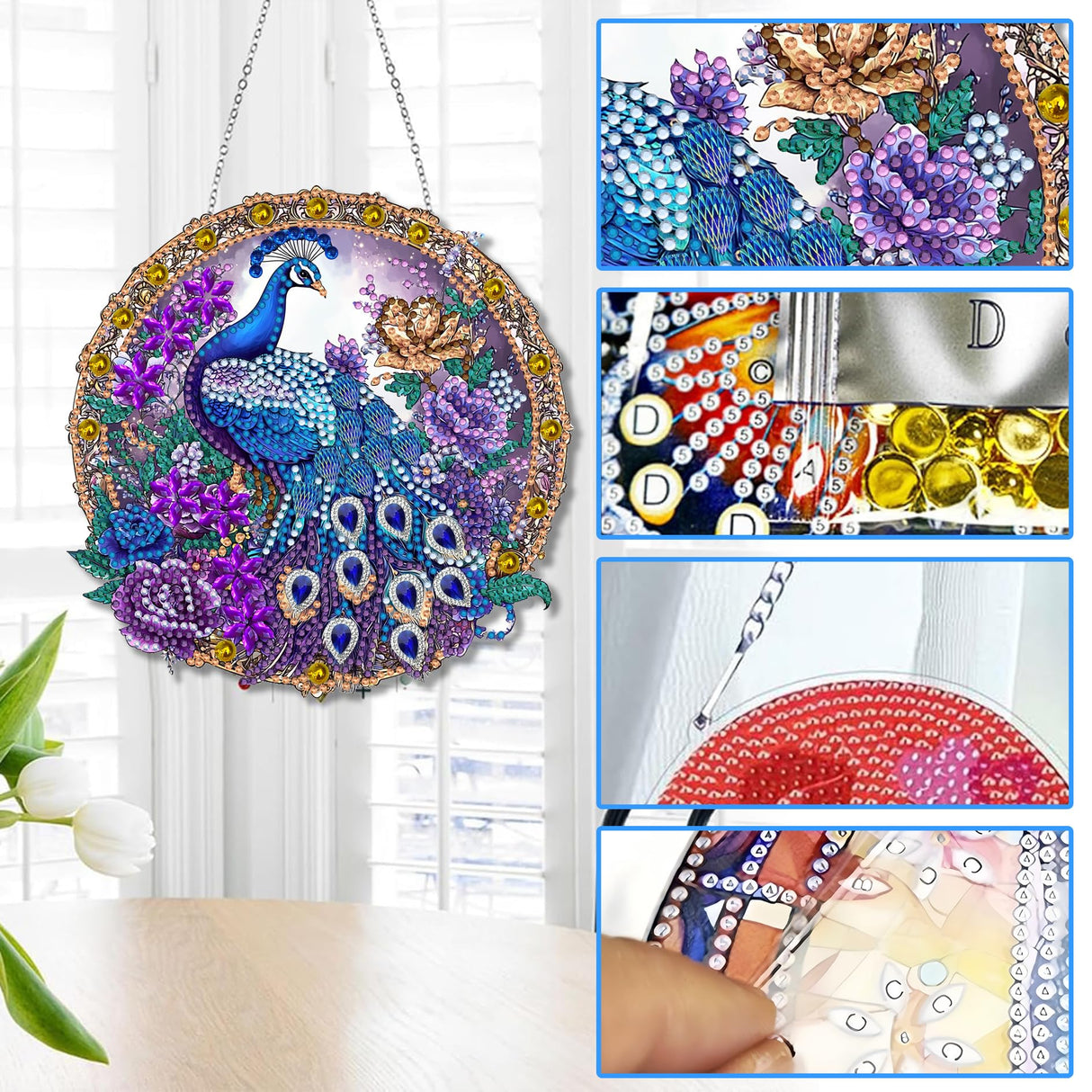 Reofrey Hanging Diamond Art Kits for Adults - 8x8 Inch Peacock Animal Acrylic Board Double Sided Pattern Diamond Painting Suncatcher Pendant, Crystal Art for Home Wall Window Decoration Handmade Gift Reofrey