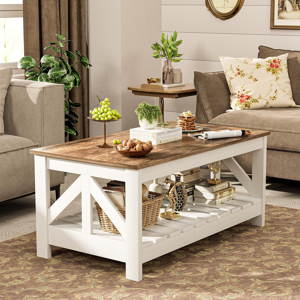 JUMMICO 39” Farmhouse Coffee Table for Living Room, 2-Tier Modern Living Room Table with Storage Shelf, Rustic Rectangular Center Table Space Saving Home Furniture (Rustic Oak & White) JUMMICO