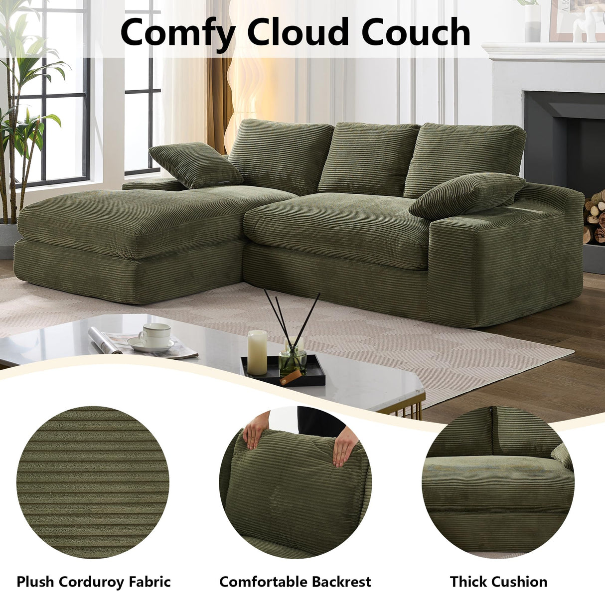 GNIXUU Corduroy Cloud sectional couches for Living Room, 98.4" Fluffy Large L Shaped Sofa with Deep Seat & Comfy Chaise, Upholstered Modular 3 Seat Couch Sleeper for Apartment, Studio, Office, Green GNIXUU