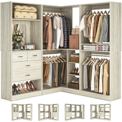 Unikito 86 Inch Closet System, 3 Sets Corner Closets Organizer with Hanging Rods and Mirror Design, Freestanding Adjustable Wood Clothes Garment Rack with Drawers, Sturdy Walk in Closet Kit, White Oak