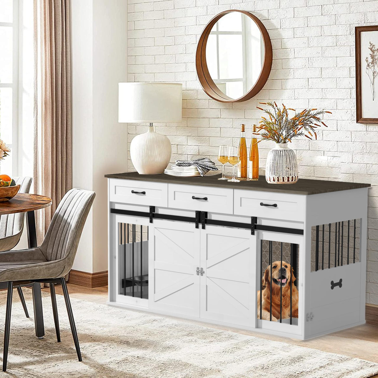 RQZ 65" Double Dog Crate Furniture for 2 Dogs Heavy Duty Wood Dog Cage Table with 3 Storage Drawers and 4 Stainless Steel Bowls Dog Kennel Indoor for Medium Large Dogs RQZ