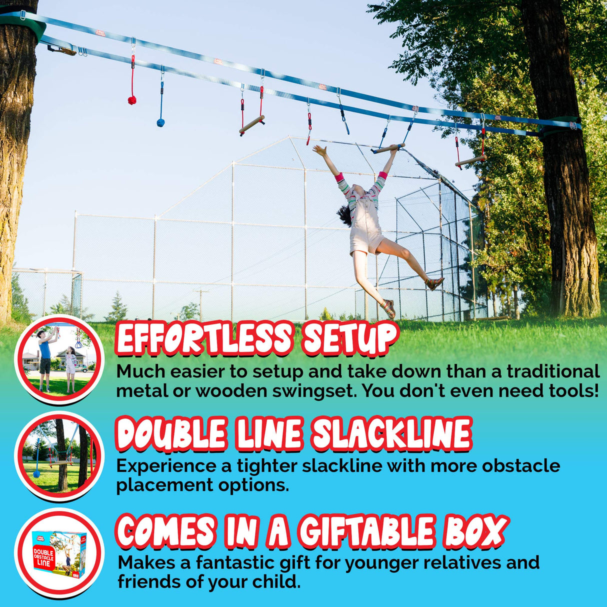 Double Ninja Slackline Obstacle Course for Kids | 80 Foot Line | Ninja Slackline Monkey Bars Playground Equipment | Ninja Ropes Course | Patented Double Line Design Lily's Things