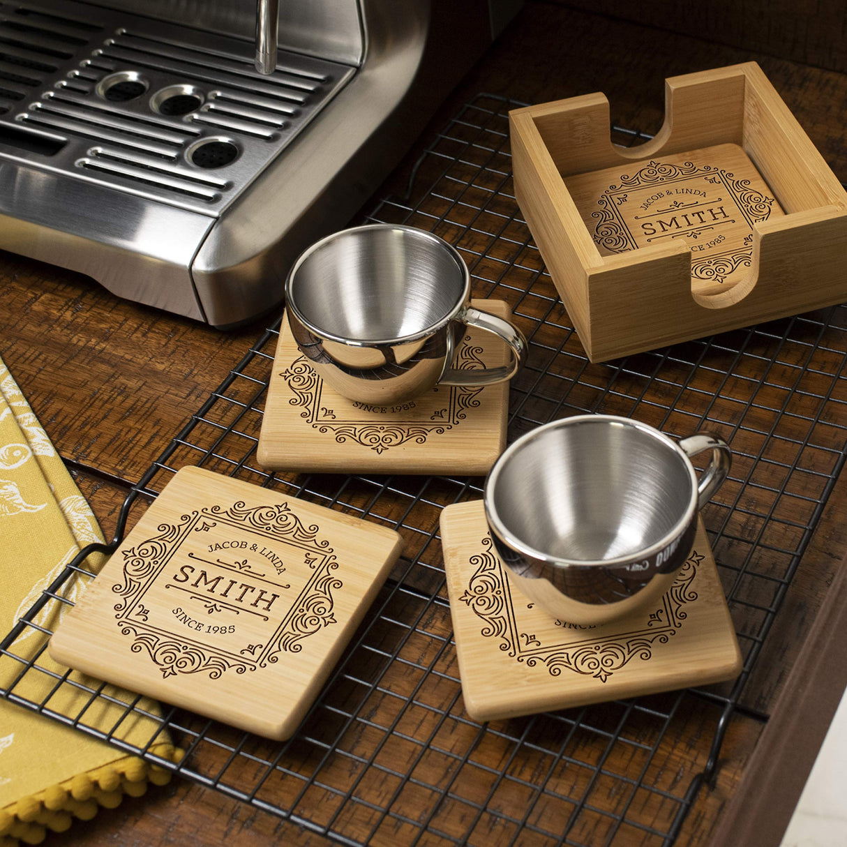 Set of 4 - Personalized Coasters w/Holder - 6 Designs - Custom Laser Engraved Bamboo Coasters - Wedding Gifts for The Couples, Anniversary, Engagement USA Custom Gifts