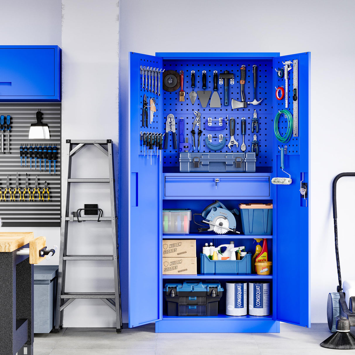 Yizosh Metal Garage Storage Cabinet with Locking Doors and Drawers, Heavy Duty Steel Tool Cabinet with Pegboard, 71" - Lockable Cabinets for Garage, Warehouse, Basement (Blue) Yizosh