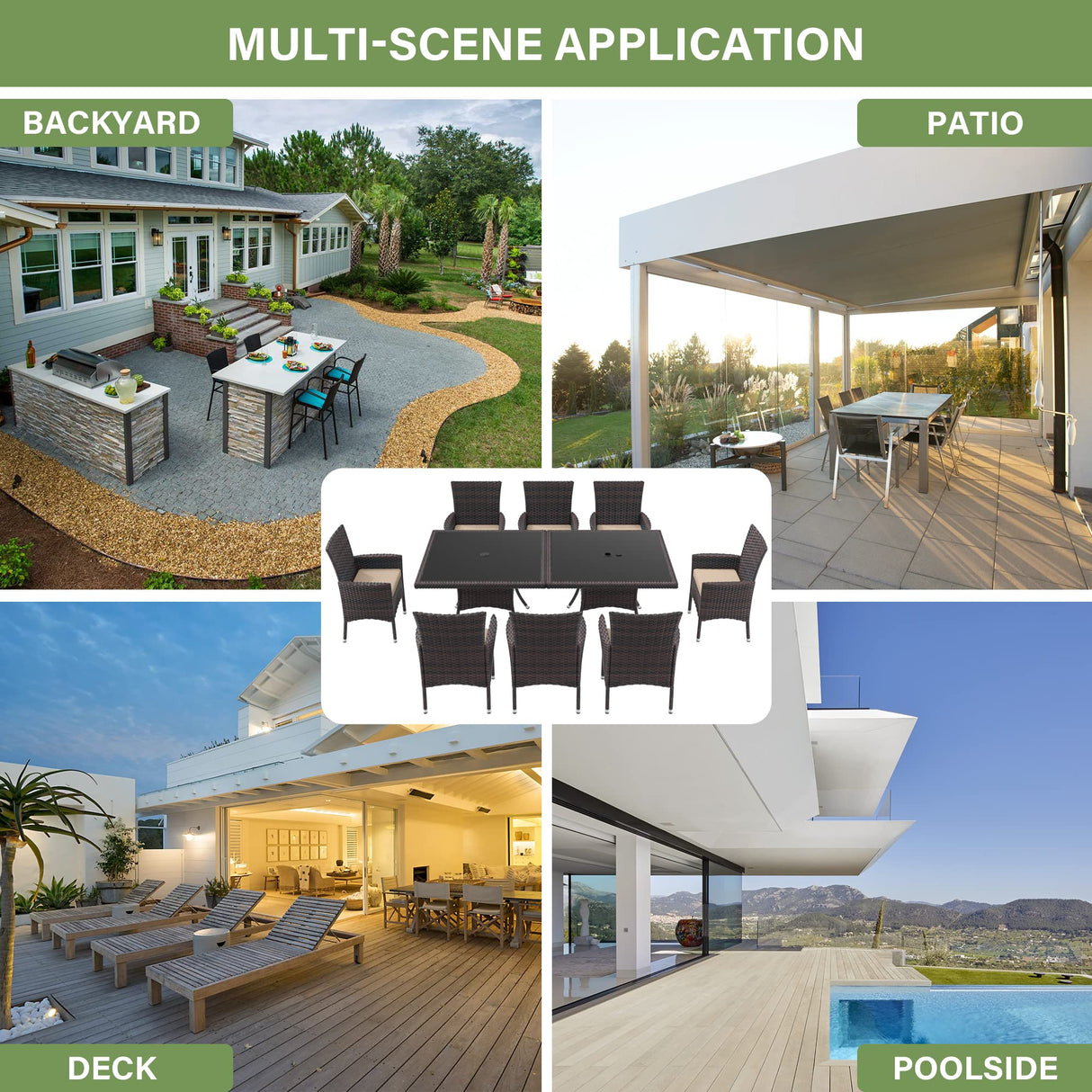 ALAULM 10 Piece Patio Dining Set All-Weather Wicker Outdoor Patio Furniture Set w/Tempered Glass Tabletop, Removable Cushions and Umbrella Hole for Patio, Backyard, Garden, Poolside (Brown) ALAULM