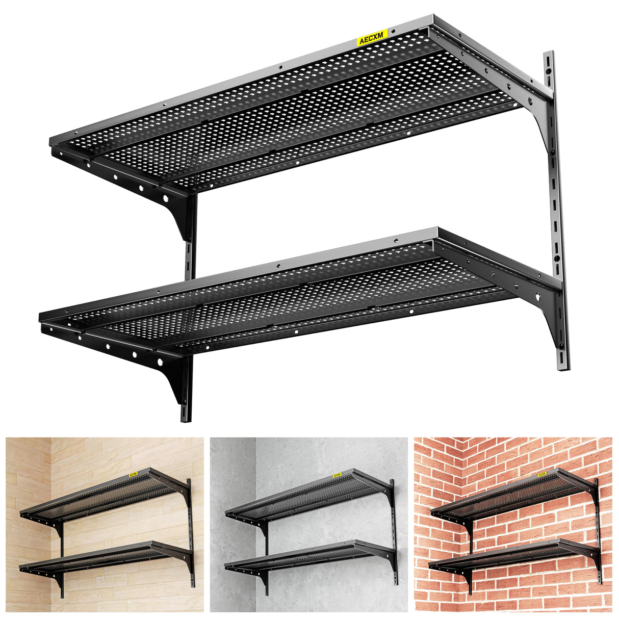 Aecxm 1pack×2 Tier 1.3x3ft Garage Shelving Wall Mounted, 400 lbs Load Capacity,15.6x36inch per Shelf Height Cassette Adjustable Floating Shelves, Black Aecxm