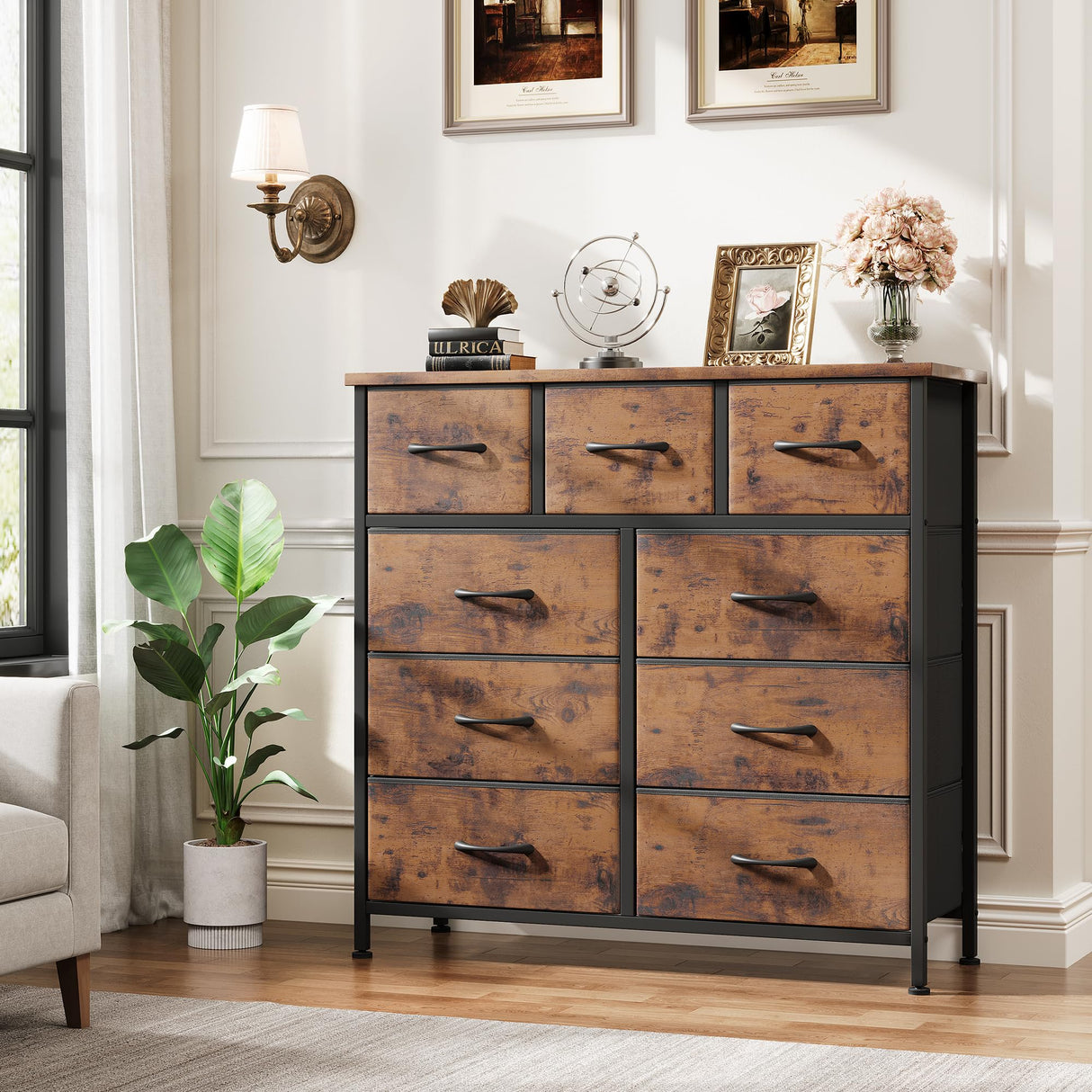 Jocoevol Fabric Dresser for Bedroom with 9 Drawers - Sturdy Steel Frame, Wooden Top & Easy Pull Chest of Drawers with Fabric Bins, Storage Organizer for Closet, Guest Room, Entryway (Rustic Brown) Jocoevol
