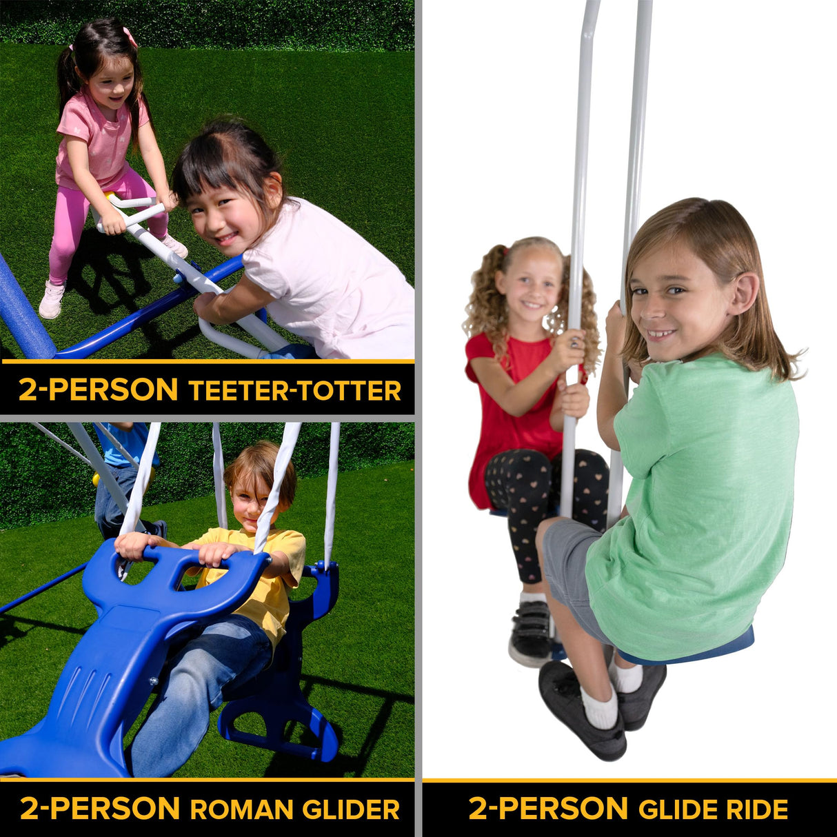 Sportspower Super 9 Metal Swing Set: Teeter Totter, 2 Kid Glide Ride Swing/Roman Glider Swing, Standing Swing + Trapeze Bar, Blow Molded Swing + 5' Wavy Slide Bonus 4pc Anchor Kit*, Blue/Yellow Sportspower