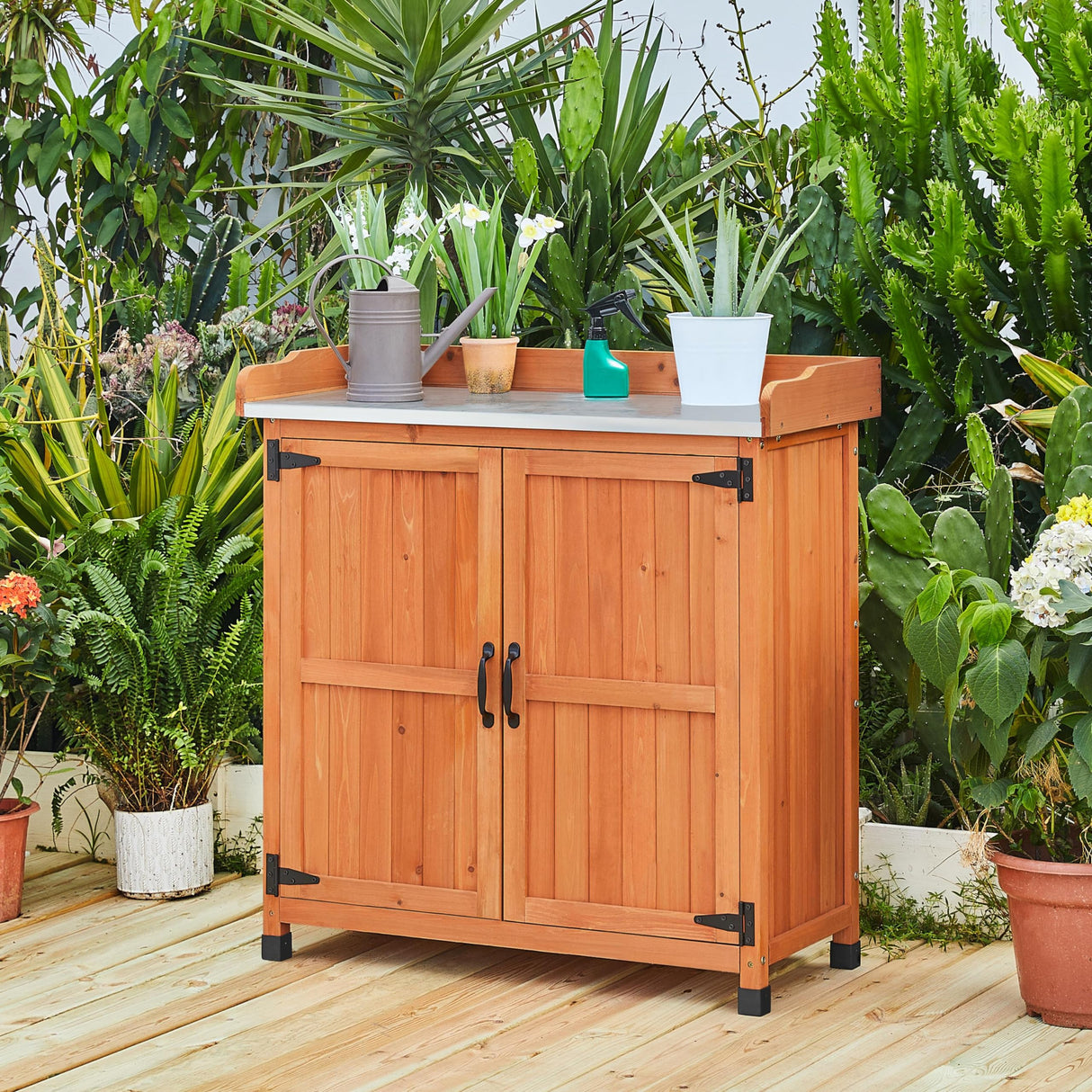 Yaheetech Garden Potting Bench Table - Outdoor Garden Patio Wooden Storage Cabinet & Solid Wood Planting Work Bench with Large Space Storage & Metal-Plated Tabletop, Brown Yaheetech