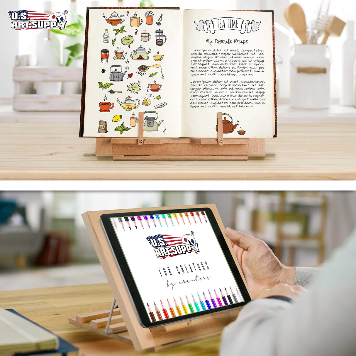 U.S. Art Supply Large Wooden Table Easel - Adjustable Incline, 2 Page Holders - Functions as Wooden Cookbook Stand, Kitchen Countertop Recipe Rack, Tablet Rest & Cook Book Holder for Kitchen Counter U.S. Art Supply