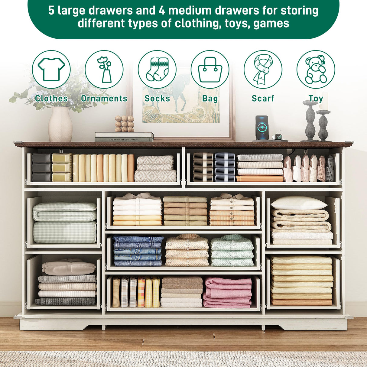 jiteentarou Farmhouse 9 Drawer Dresser for Bedroom,63” Wood Dresser & Chest of Drawers with Power Outlets,Large & Wide Dressers for Bedroom,Tall Storage Dresser Organizer(White) jiteentarou