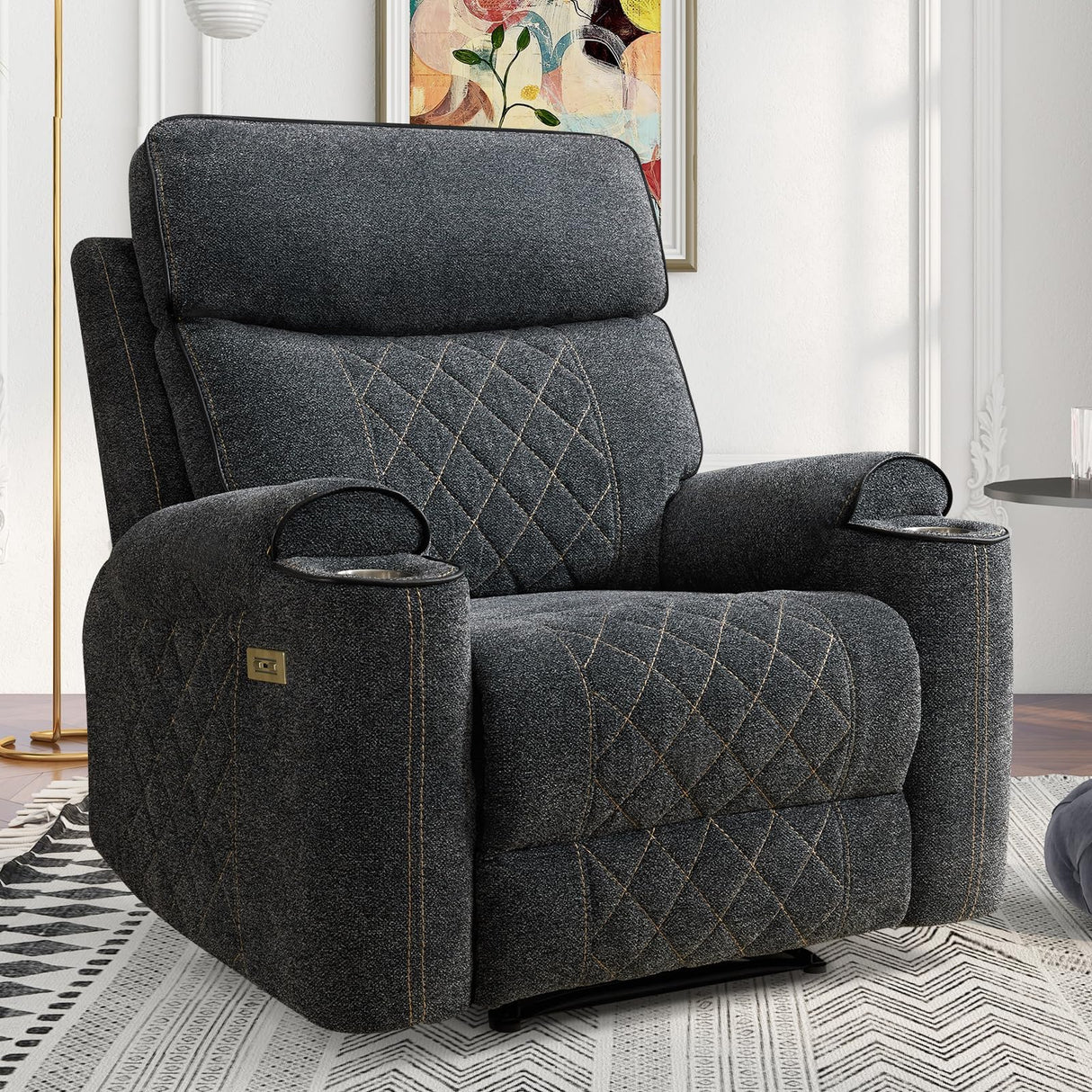 HAOMARKETS Electric Recliner Chair, Soft Fabric Power Recliners with Metal Cup Holders, Single Overstuffed Heavy Duty Reclining Sofa Chairs for Living Room Bedroom, Dark Grey HAOMARKETS
