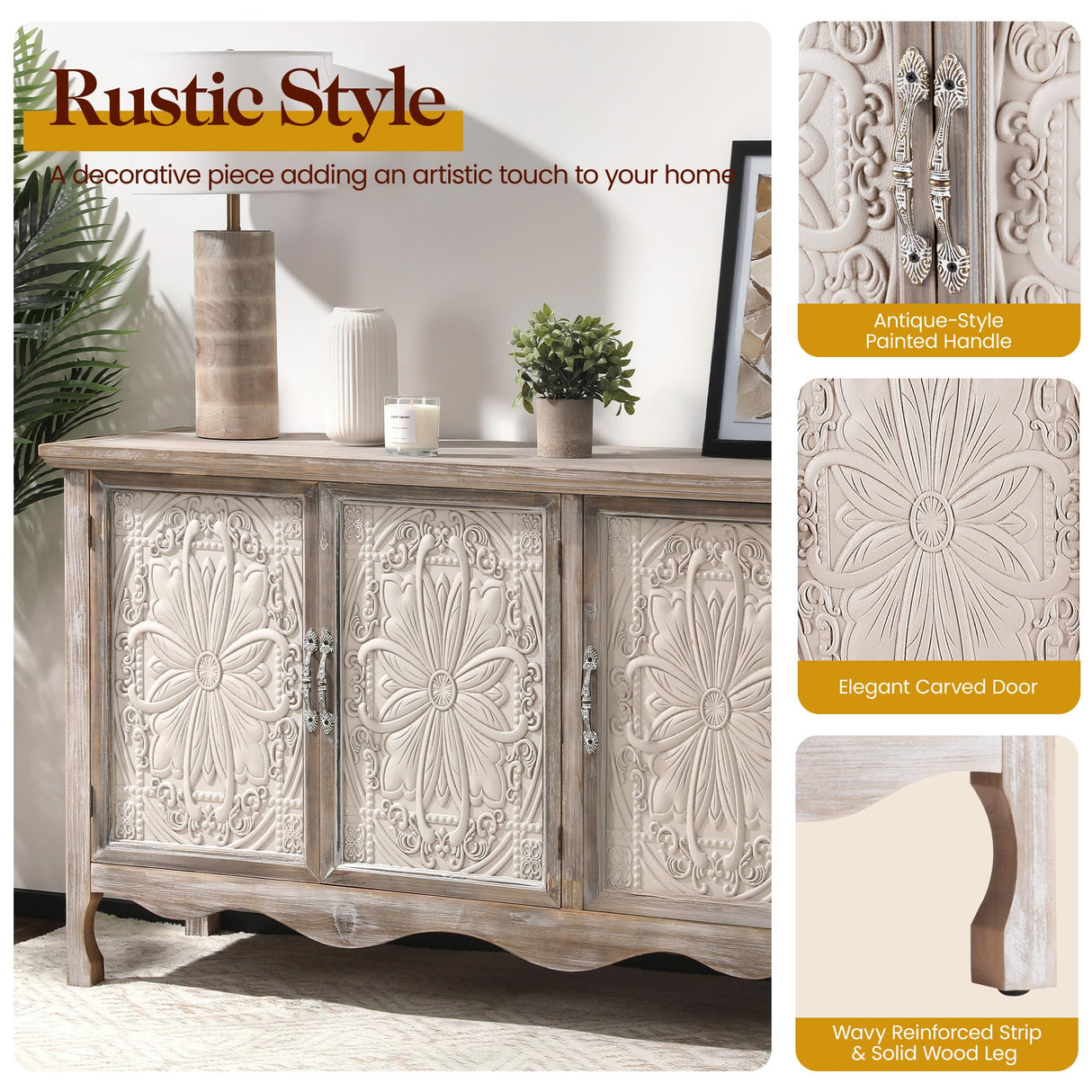 RoyalCraft Sideboard Buffet Cabinet with Storage,49'' Solid Wood Farmhouse Sideboard Credenza Accent Cabinet with 3 Craved Doors, TV Console Table for Entryway, Livng Room, Kitchen, Wash Grey RoyalCraft