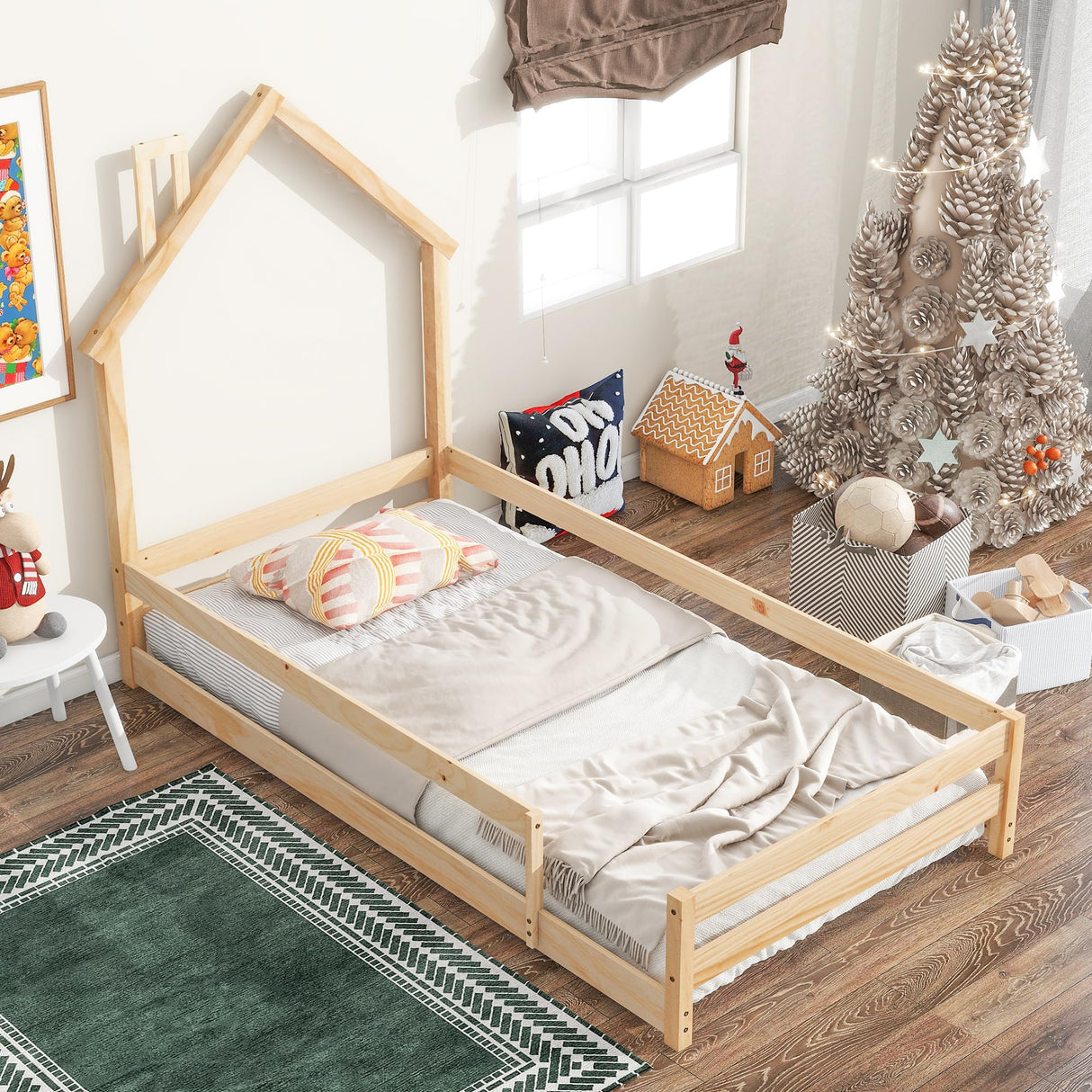Dolonm Twin Size Montessori House-Shaped Floor Bed Frame with Guardrails in Natural Pine Wood Dolonm