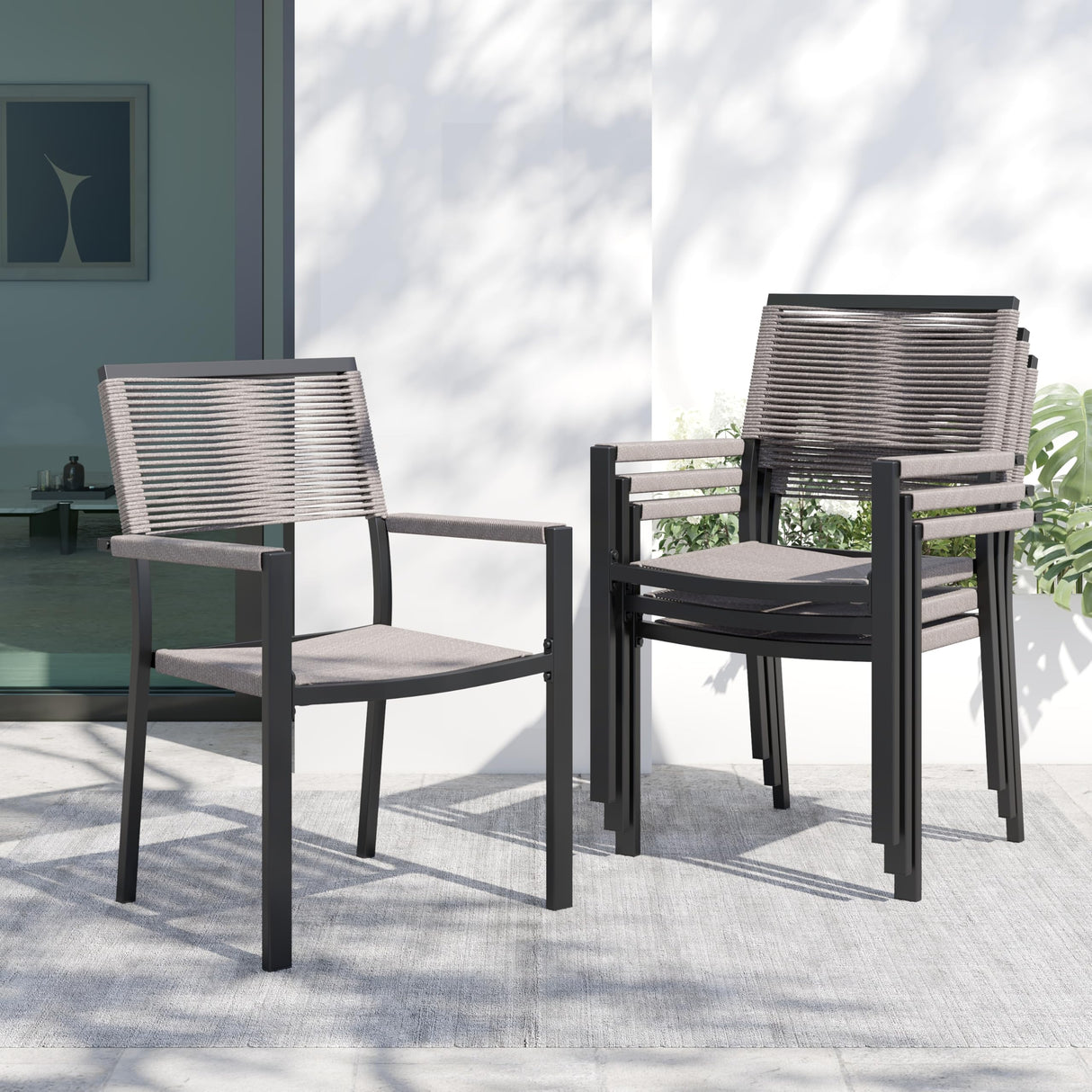 Sundale Outdoor Metal Dining Set for 6, 6-Piece Patio Dining Table and Stackable Rattan Chairs Set with Headrests and Cushions for Backyard, Garden, Deck, Light Gray Sundale Outdoor