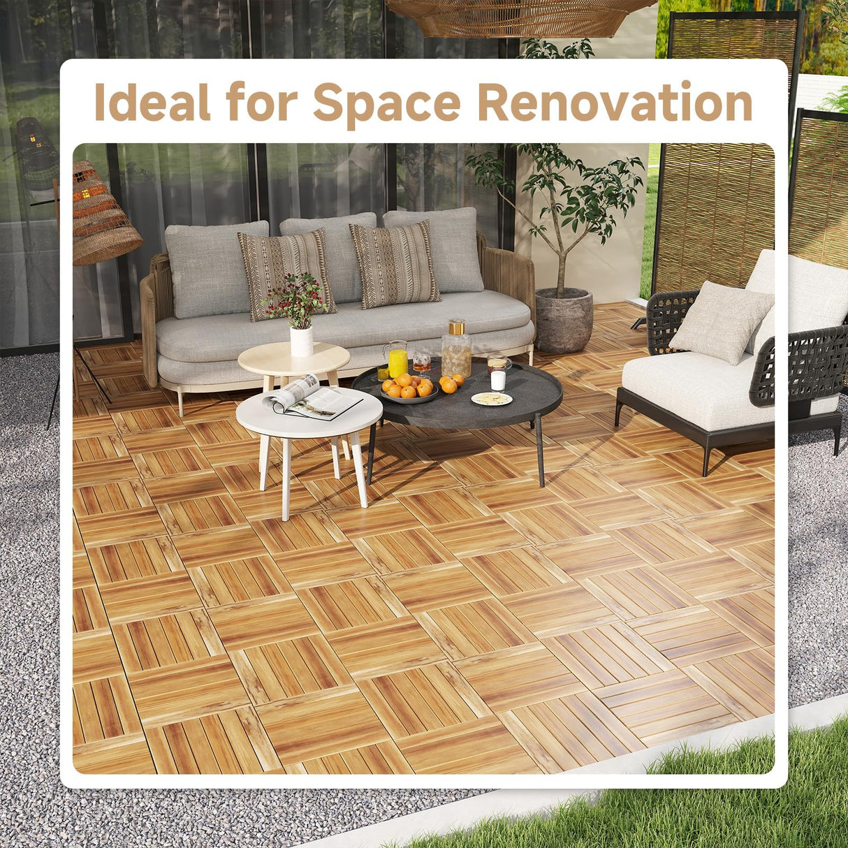 Rovibek 10PCS Deck Tiles, 12" x 12" Interlocking Deck Tiles Outdoor Waterproof, Acacia Wood Outdoor Deck Tiles All Weather for Balcony Poolside Backyard Outdoor Patio Flooring, Striped Yellow Rovibek